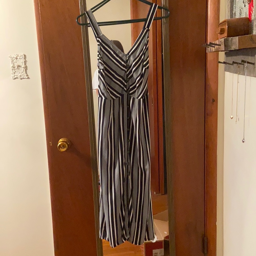 Black and white striped button front midi dress